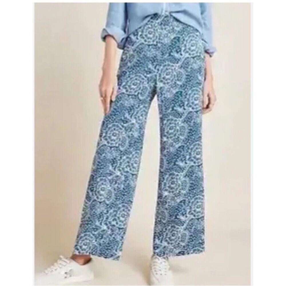 Maeve Anthropologie Anika Pants Womens XL Blue Floral Wide Leg Palazzo Pull On - Picture 2 of 14